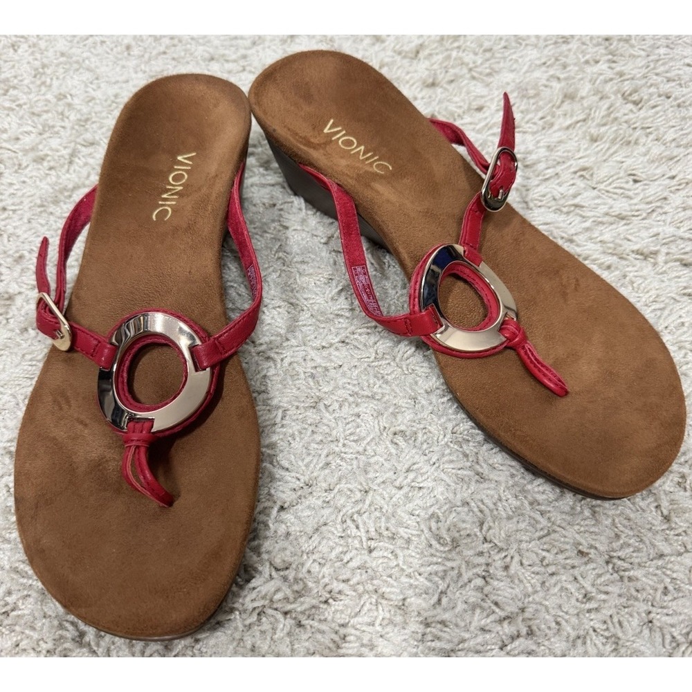 Vionic Red Orchid Wedge Adjustable Slip On Comfort Thong Sandal Womens 8M Resort